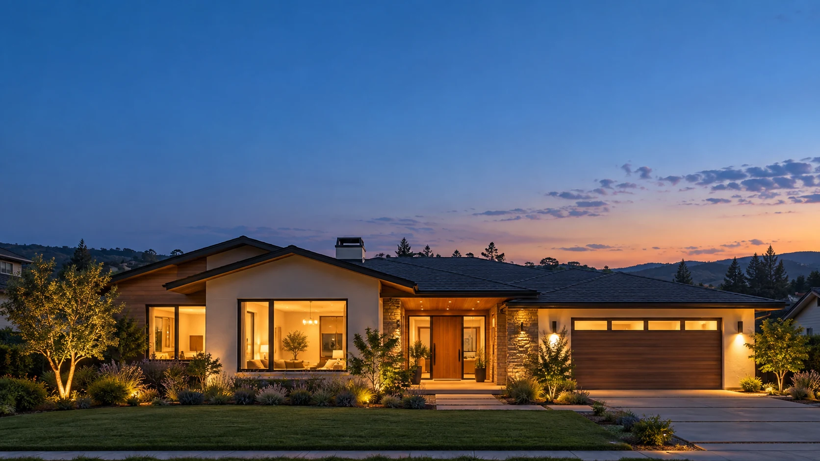 A welcoming home with illuminated windows at dusk